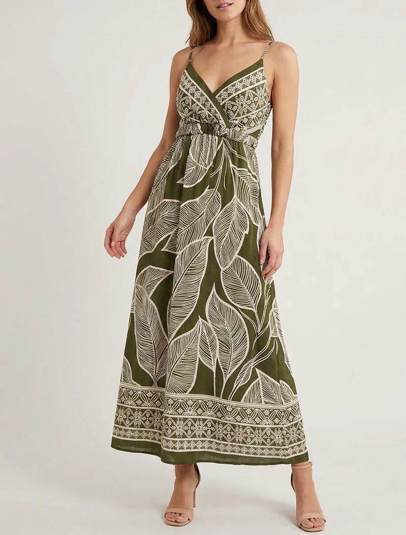 Robe longue imprimé feuilles stylisées - Kaki - Image 4