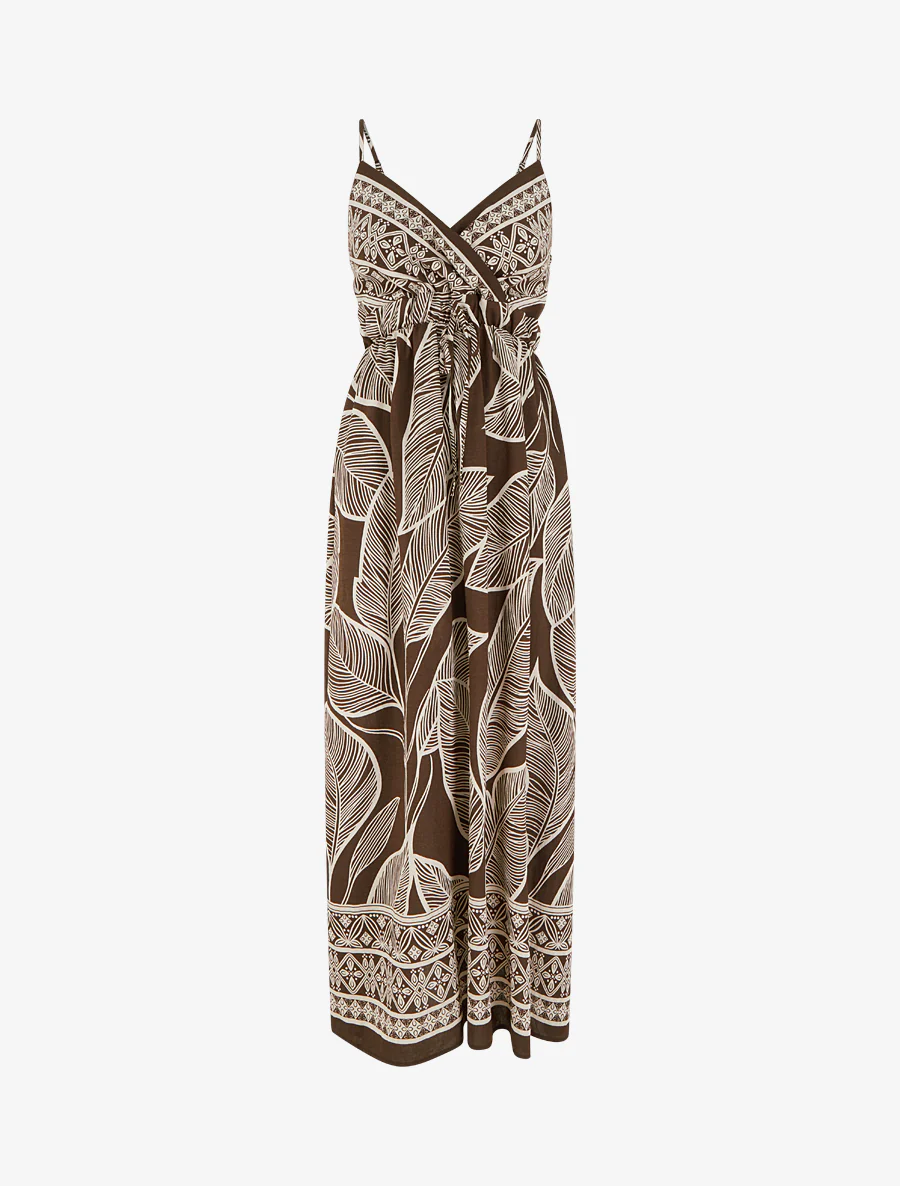 Robe longue imprimé feuilles stylisées - Marron