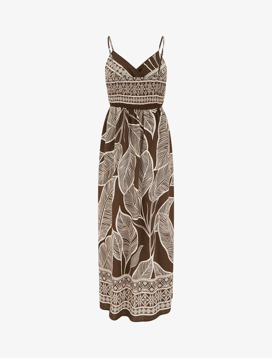 Robe longue imprimé feuilles stylisées - Marron - Image 2