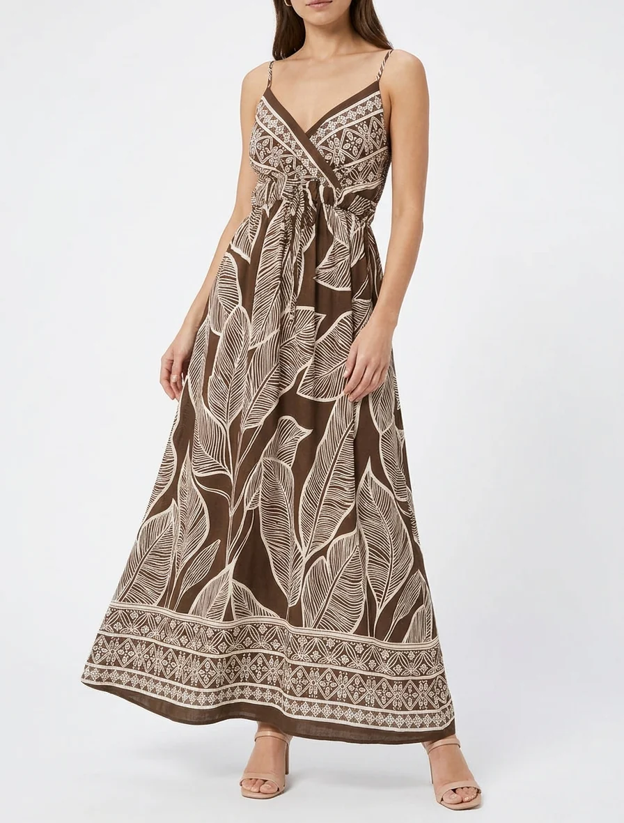 Robe longue imprimé feuilles stylisées - Marron - Image 4
