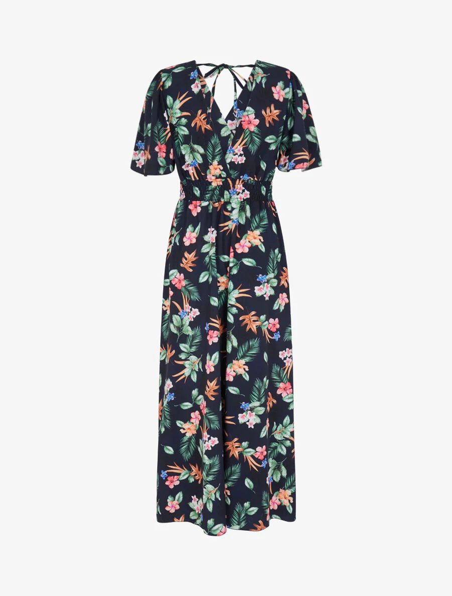 Robe longue imprimé fleur de tiaré à manches papillon - Bleu nuit - Image 2