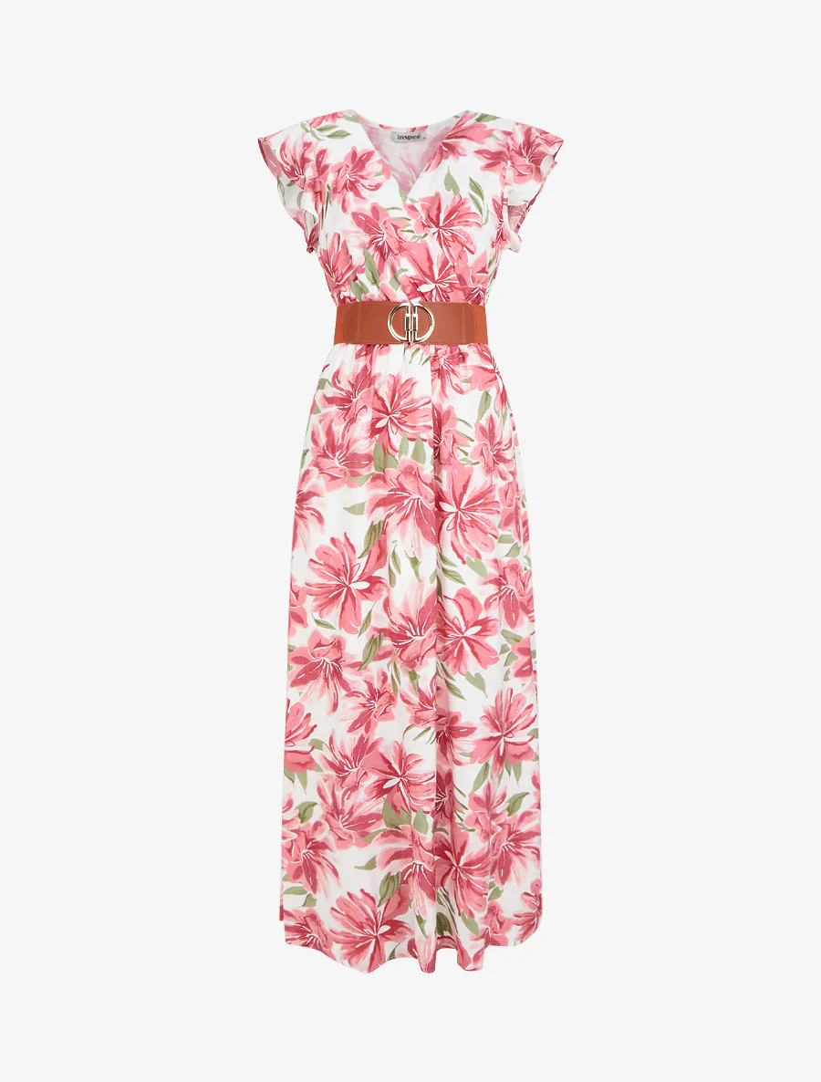 Robe longue imprimé fleuri à manches courtes - Rose