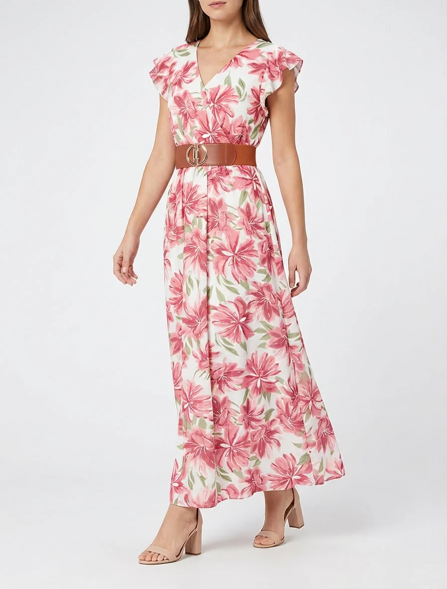 Robe longue imprimé fleuri à manches courtes - Rose - Image 4