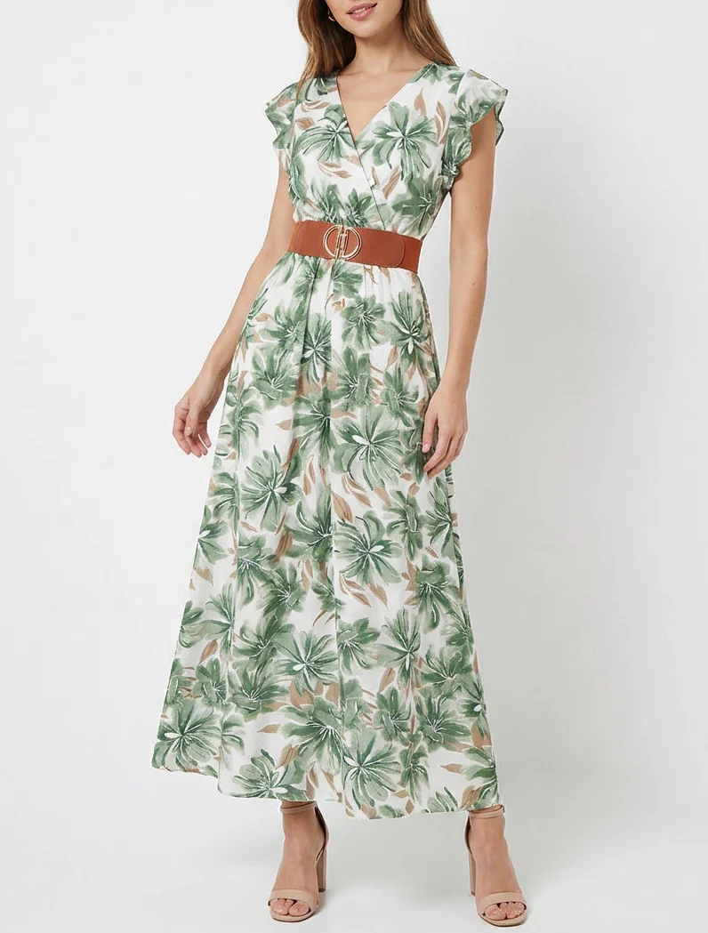 Robe longue imprimé fleuri à manches courtes - Vert - Image 4