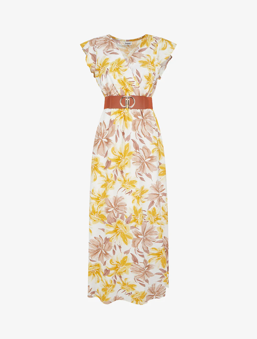 Robe longue imprimé fleuri à manches courtes - Jaune