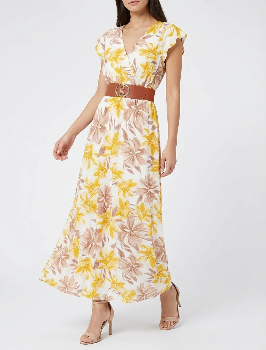 Robe longue imprimé fleuri à manches courtes - Jaune - Image 4