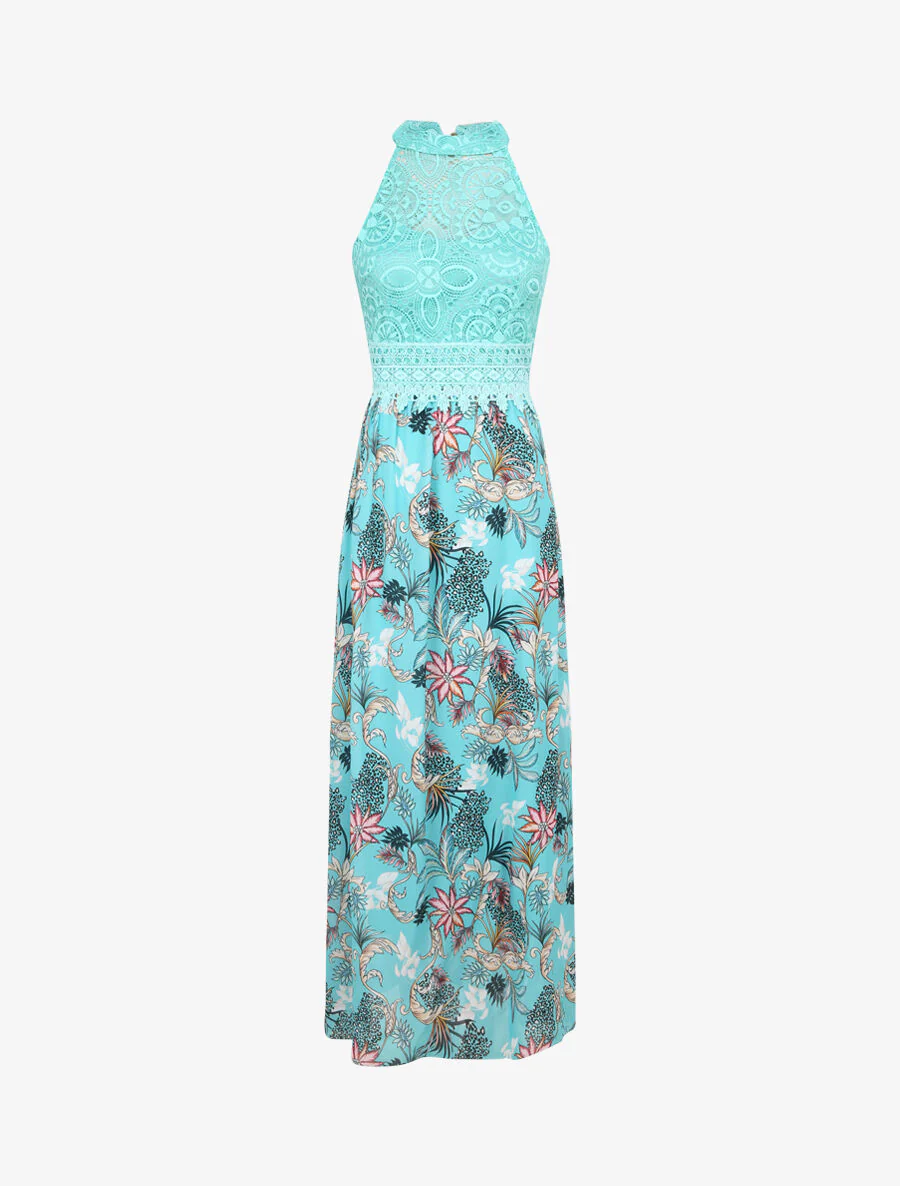 Robe longue imprimé fleurs baroques et buste en dentelle - Bleu lagon
