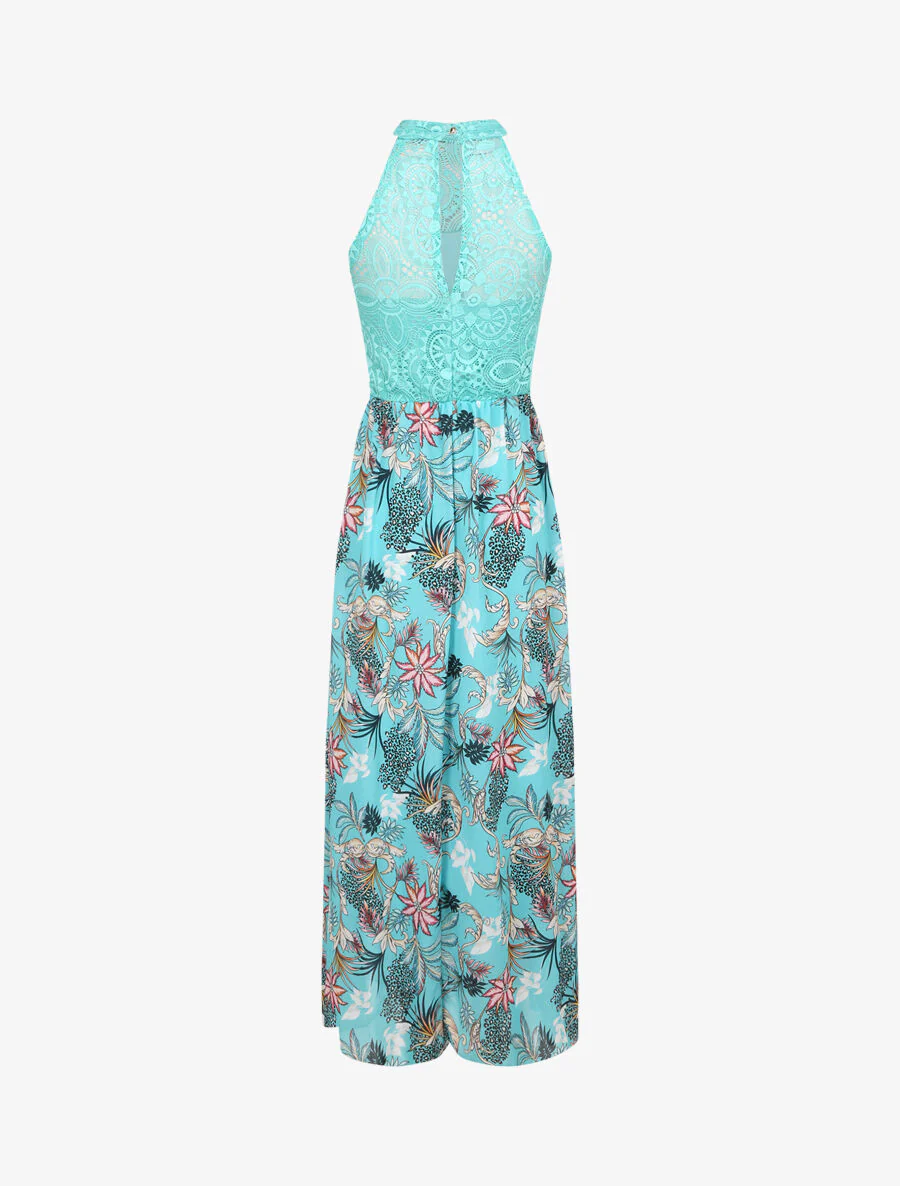 Robe longue imprimé fleurs baroques et buste en dentelle - Bleu lagon - Image 2