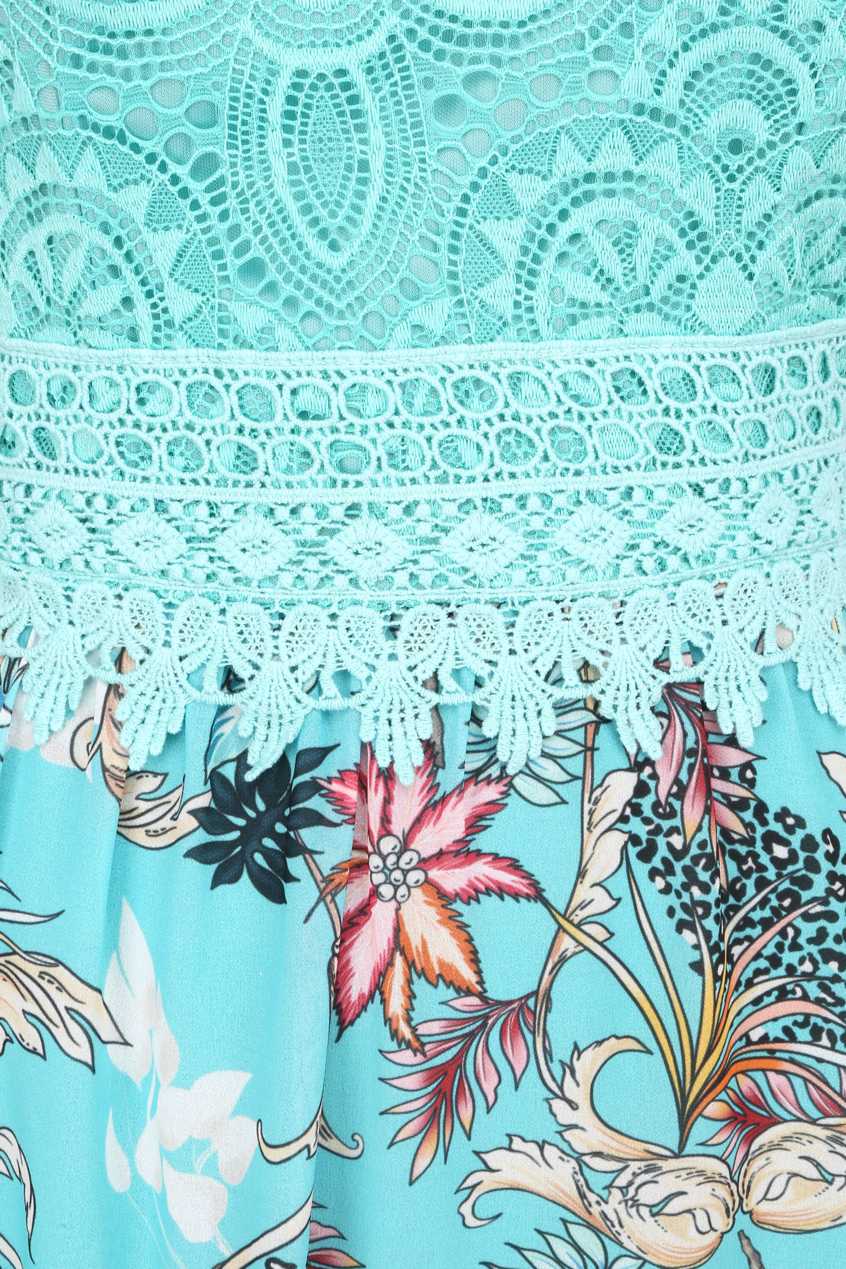 Robe longue imprimé fleurs baroques et buste en dentelle - Bleu lagon - Image 3