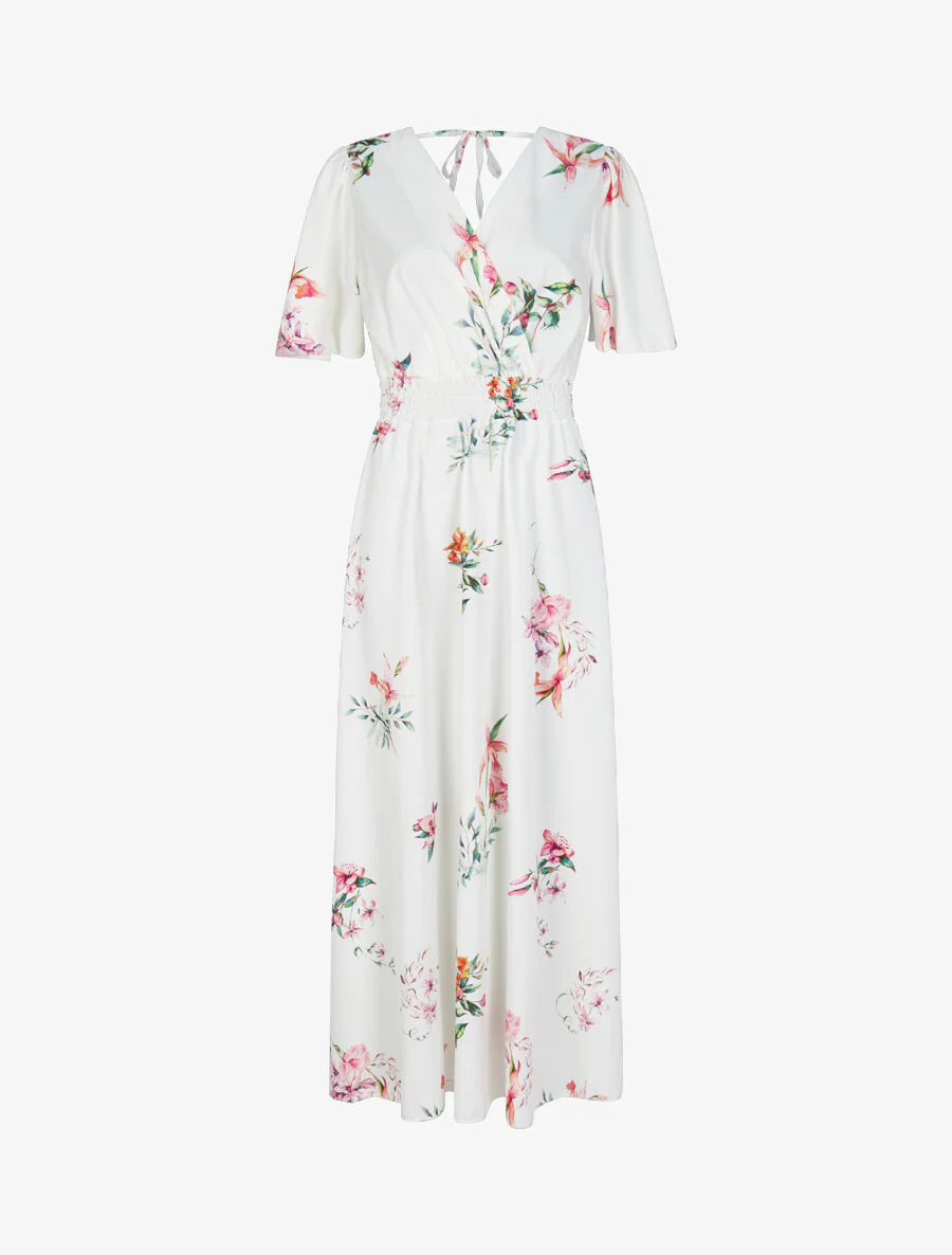 Robe longue imprimé fleurs de printemps à manches papillon - Blanc