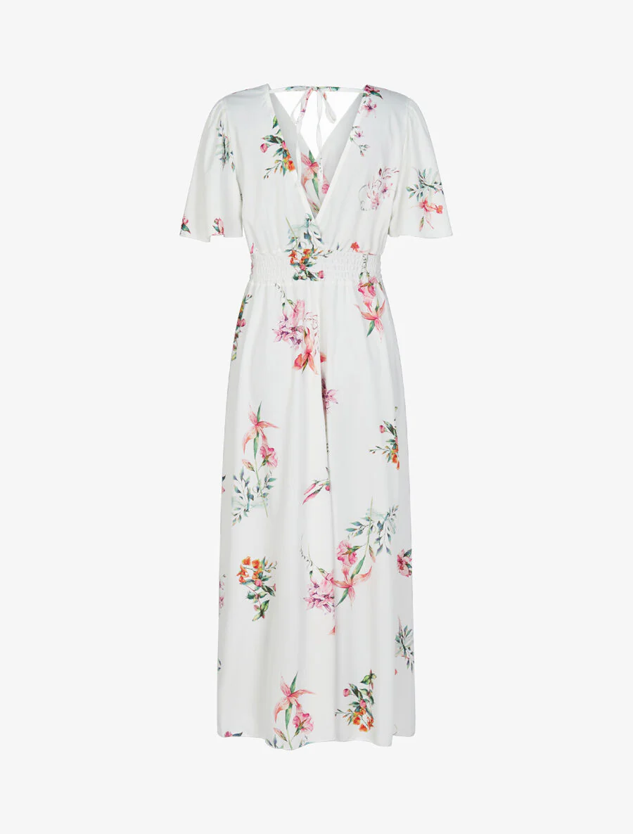 Robe longue imprimé fleurs de printemps à manches papillon - Blanc - Image 2