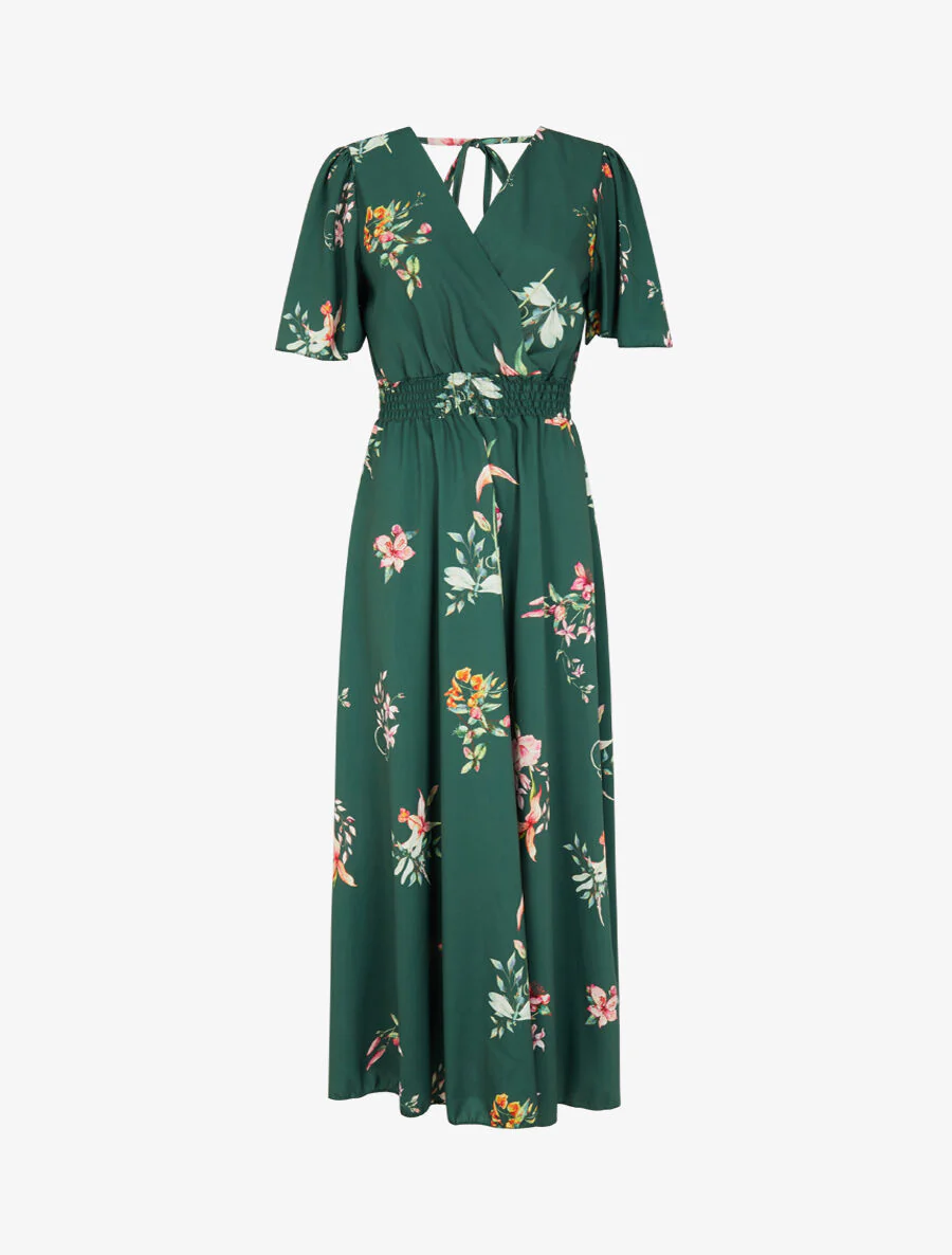 Robe longue imprimé fleurs de printemps à manches papillon - Vert émeraude