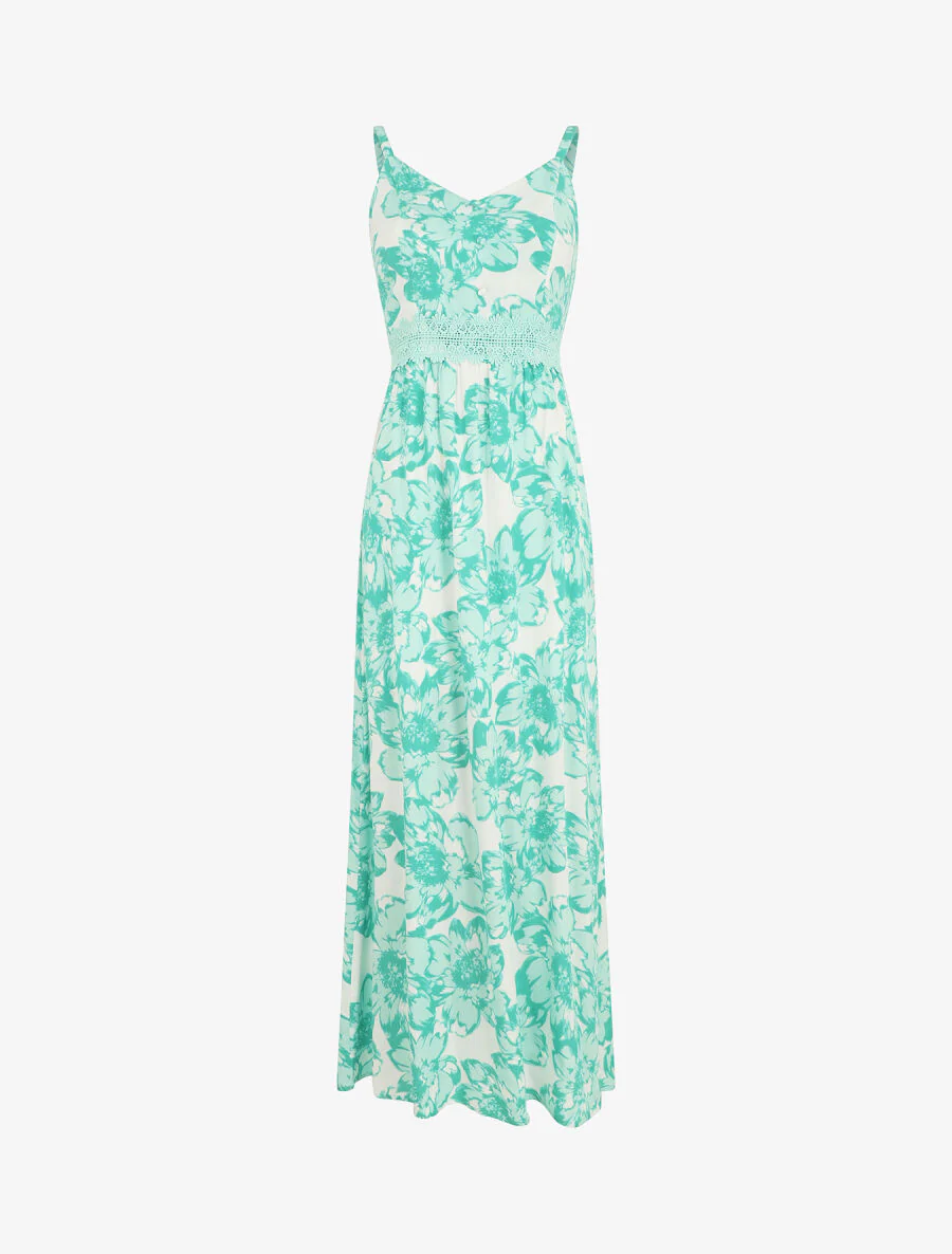 Robe longue imprimé fleurs et dentelle - Vert