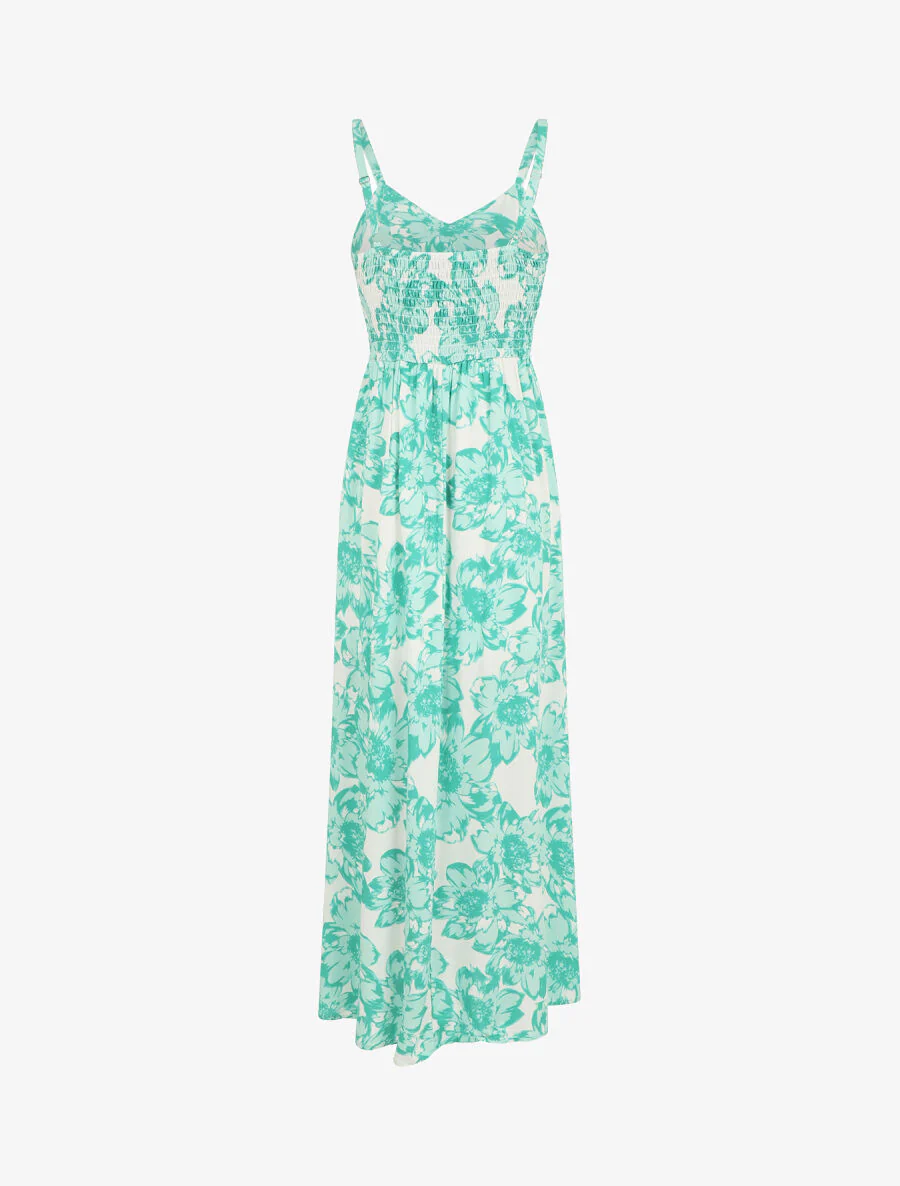 Robe longue imprimé fleurs et dentelle - Vert - Image 2