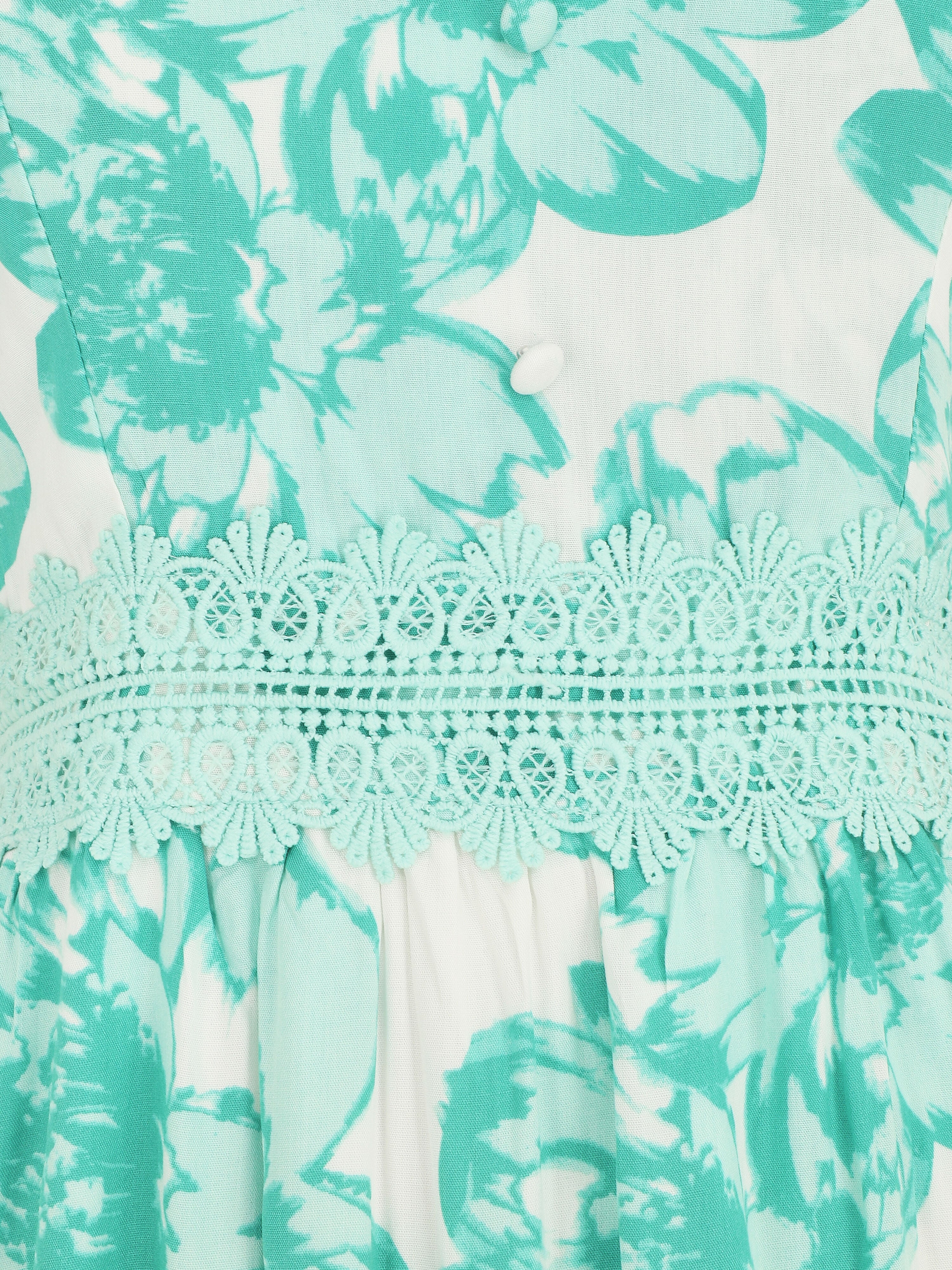 Robe longue imprimé fleurs et dentelle - Vert - Image 3