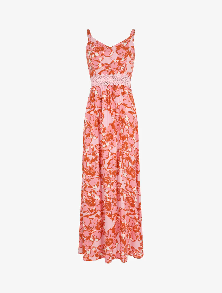 Robe longue imprimé fleurs et dentelle - Rouge