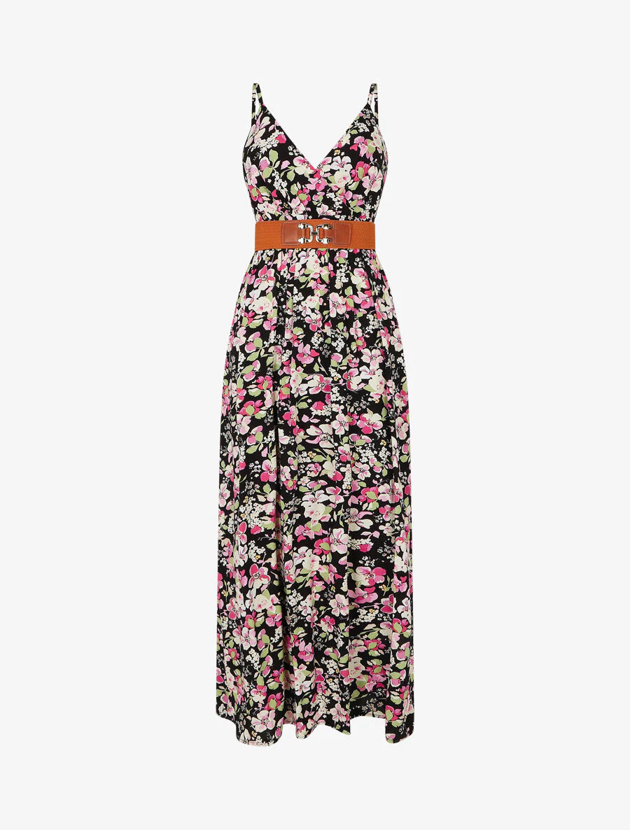 Robe longue imprimé fleurs printannières - Noir