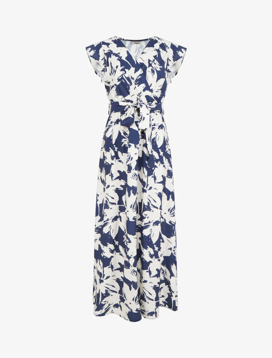 Robe longue imprimé fleurs tropicales à manches courtes - Marine