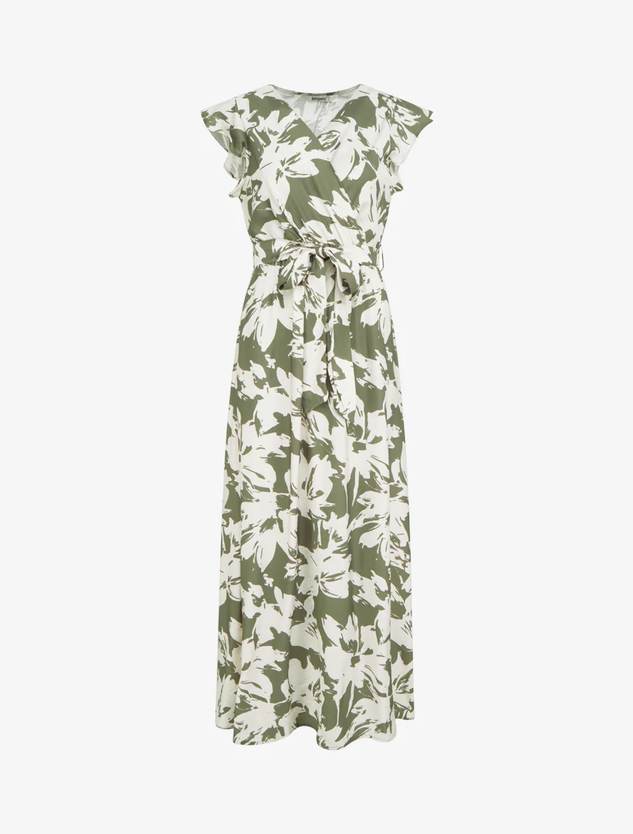 Robe longue imprimé fleurs tropicales à manches courtes - Kaki
