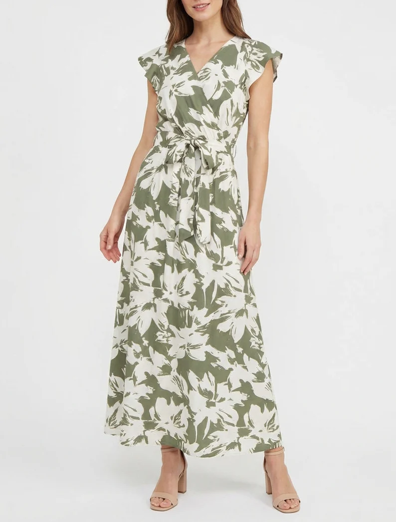 Robe longue imprimé fleurs tropicales à manches courtes - Kaki - Image 4