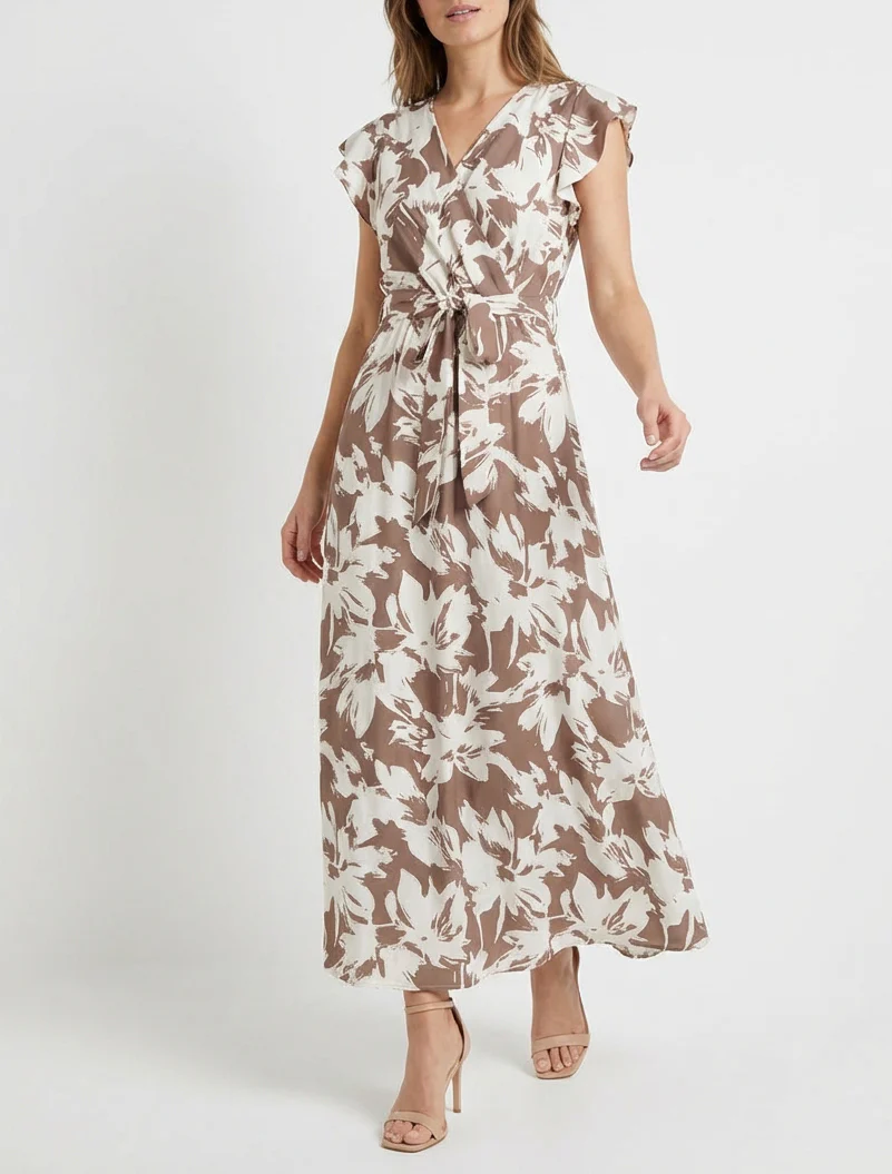 Robe longue imprimé fleurs tropicales à manches courtes - Marron - Image 4