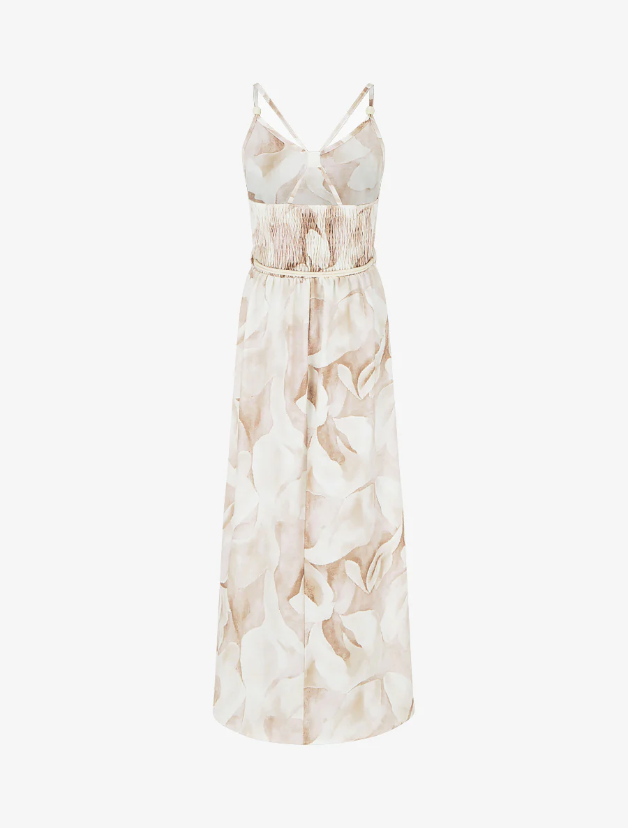 Robe longue imprimé floral à taille élastiquée - Beige - Image 2