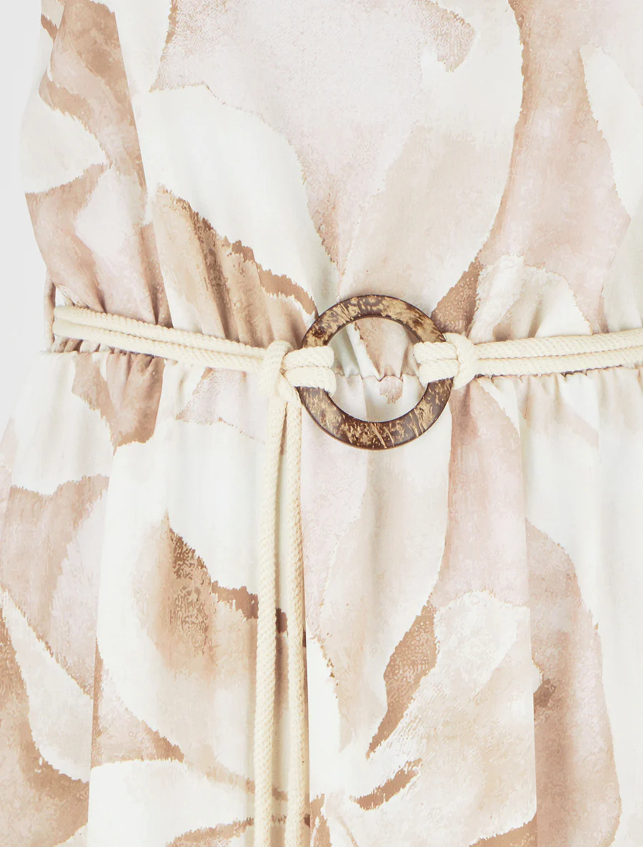 Robe longue imprimé floral à taille élastiquée - Beige - Image 3
