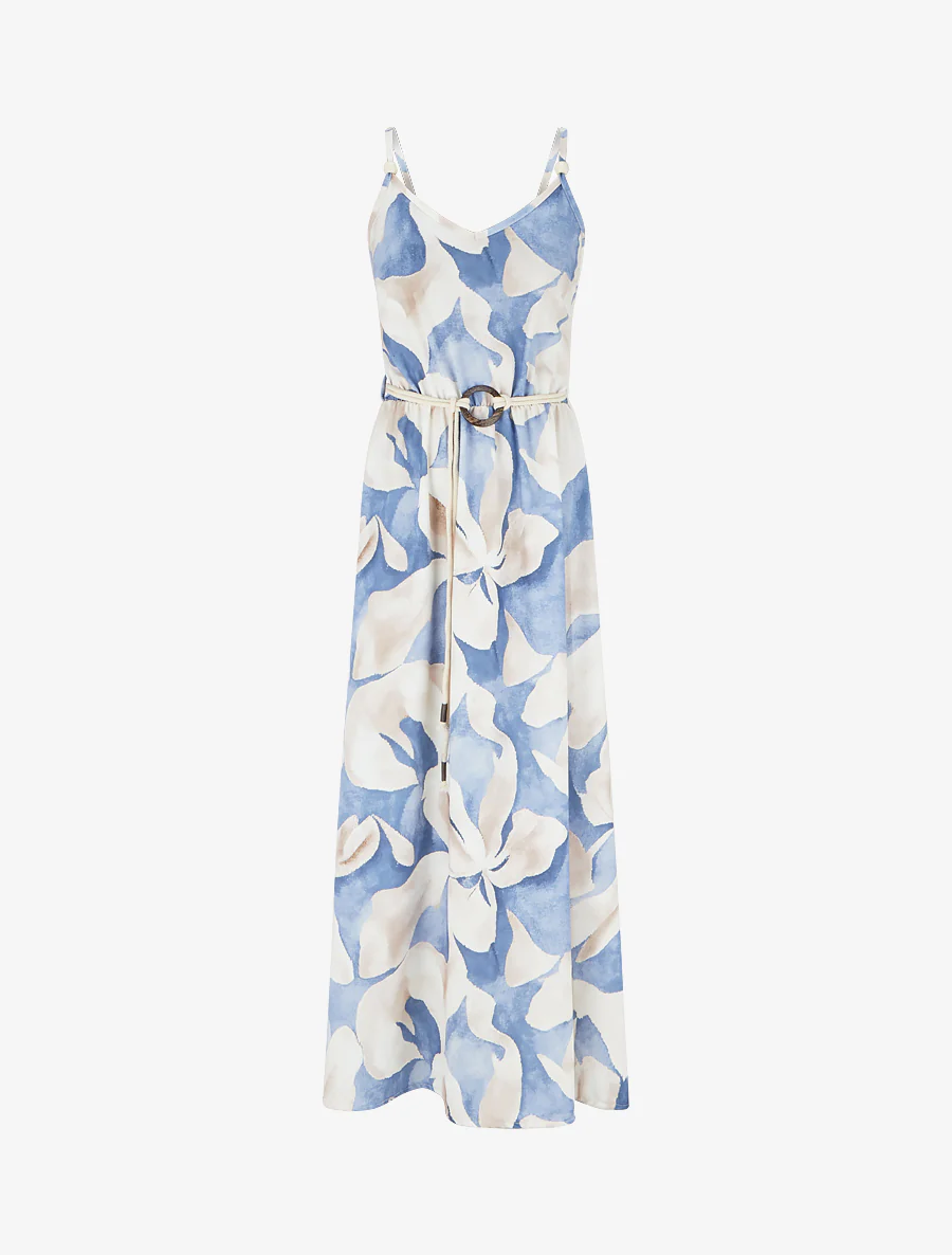 Robe longue imprimé floral à taille élastiquée - Bleu