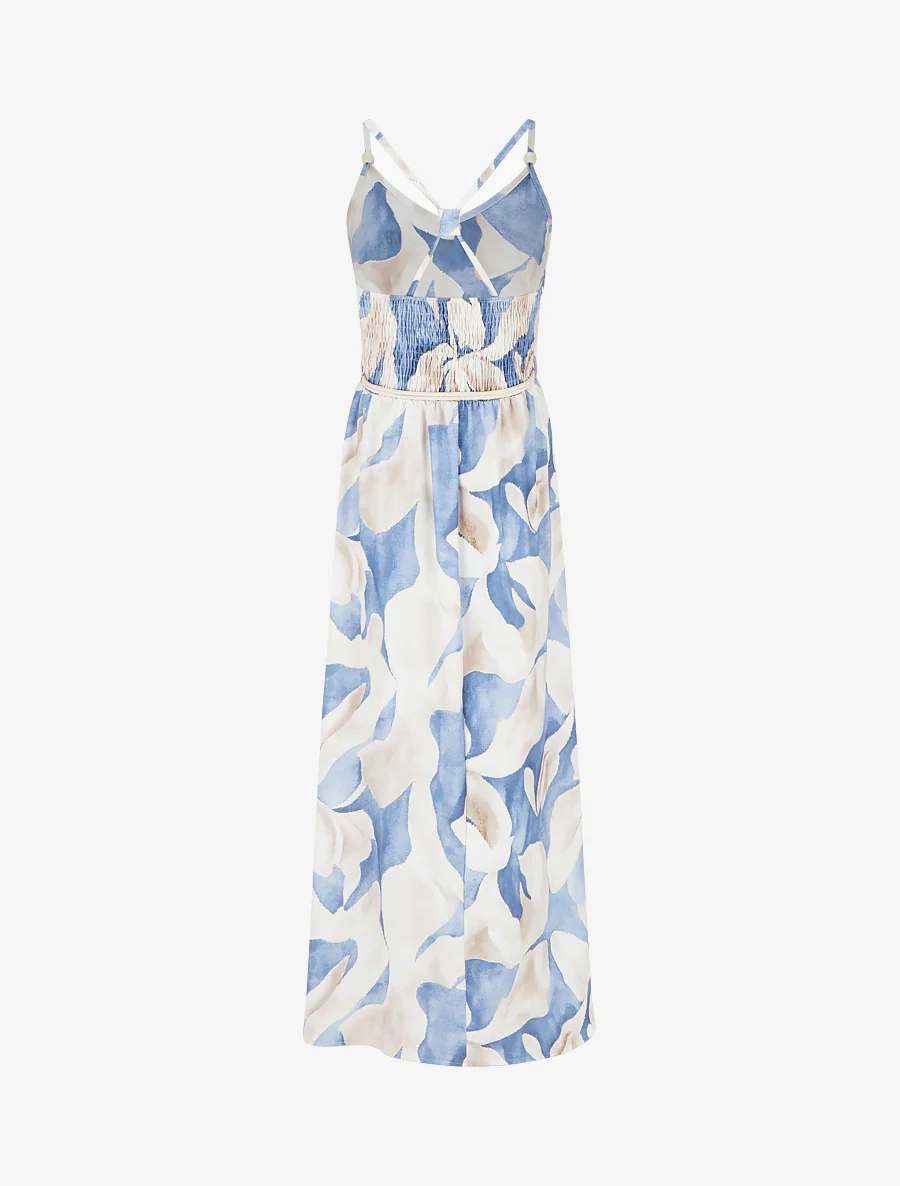 Robe longue imprimé floral à taille élastiquée - Bleu - Image 2