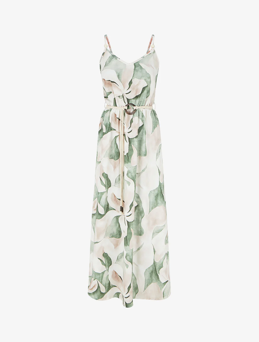 Robe longue imprimé floral à taille élastiquée - Vert