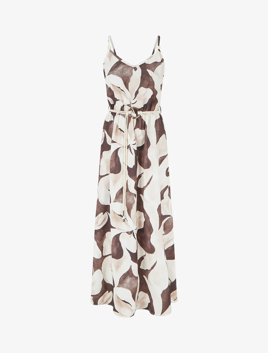Robe longue imprimé floral à taille élastiquée - Marron
