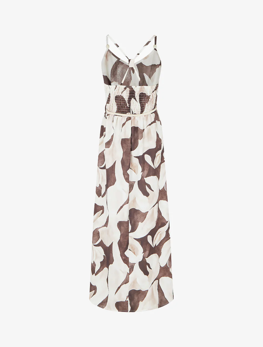 Robe longue imprimé floral à taille élastiquée - Marron - Image 2