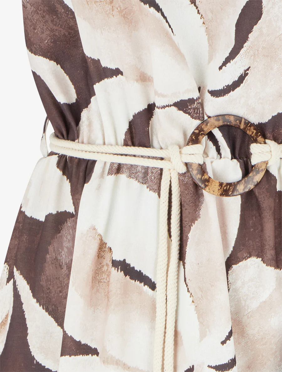 Robe longue imprimé floral à taille élastiquée - Marron - Image 3