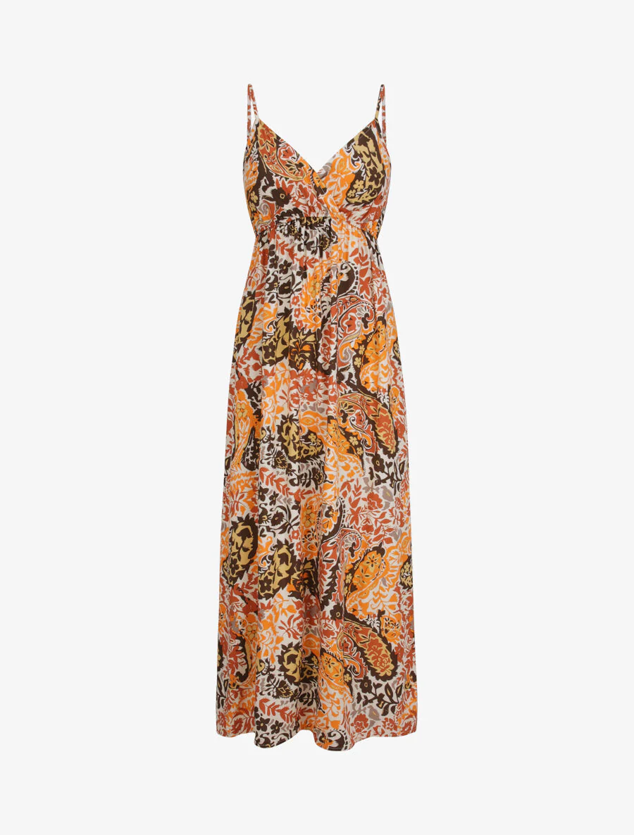 Robe longue imprimé foulard - Beige/orange