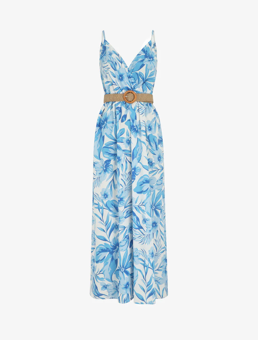 Robe longue imprimé grandes fleurs à bretelles - Bleu