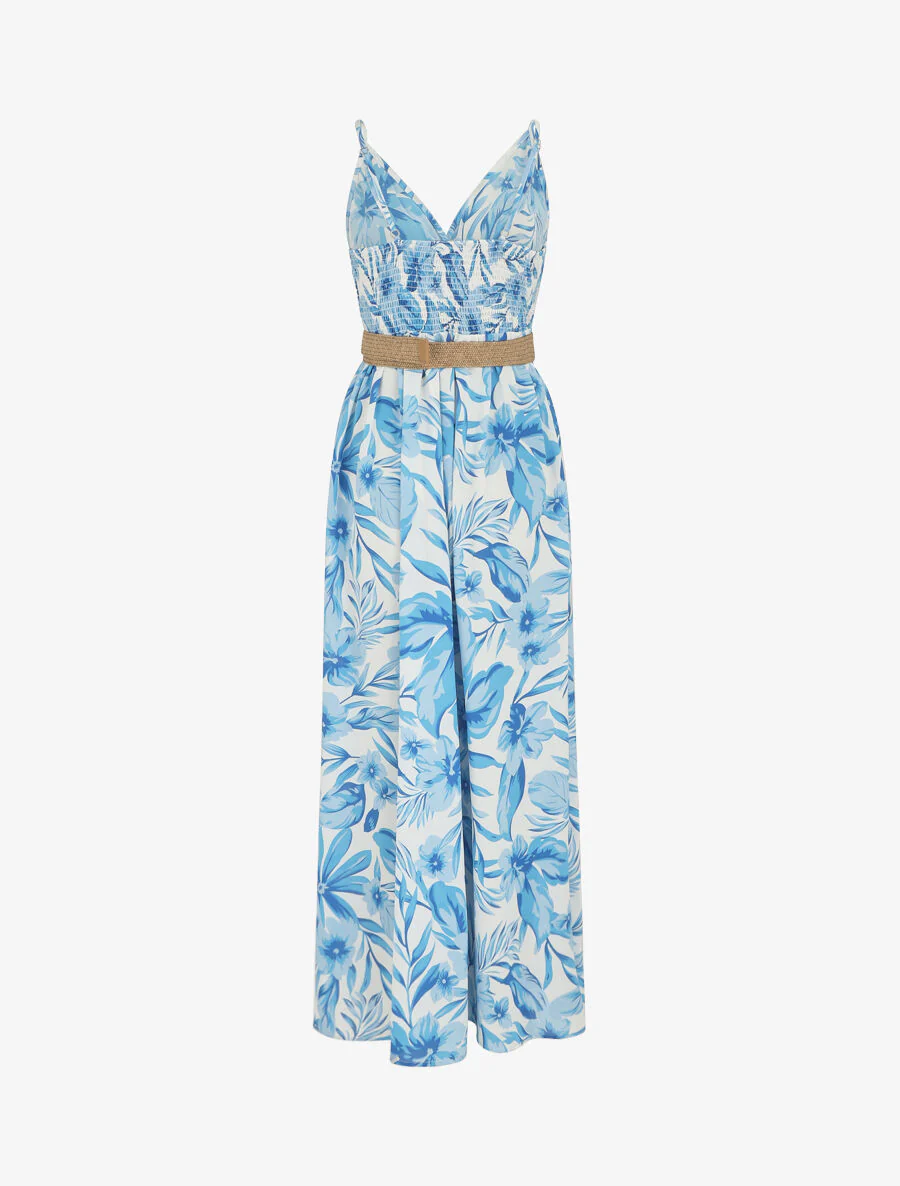 Robe longue imprimé grandes fleurs à bretelles - Bleu - Image 2