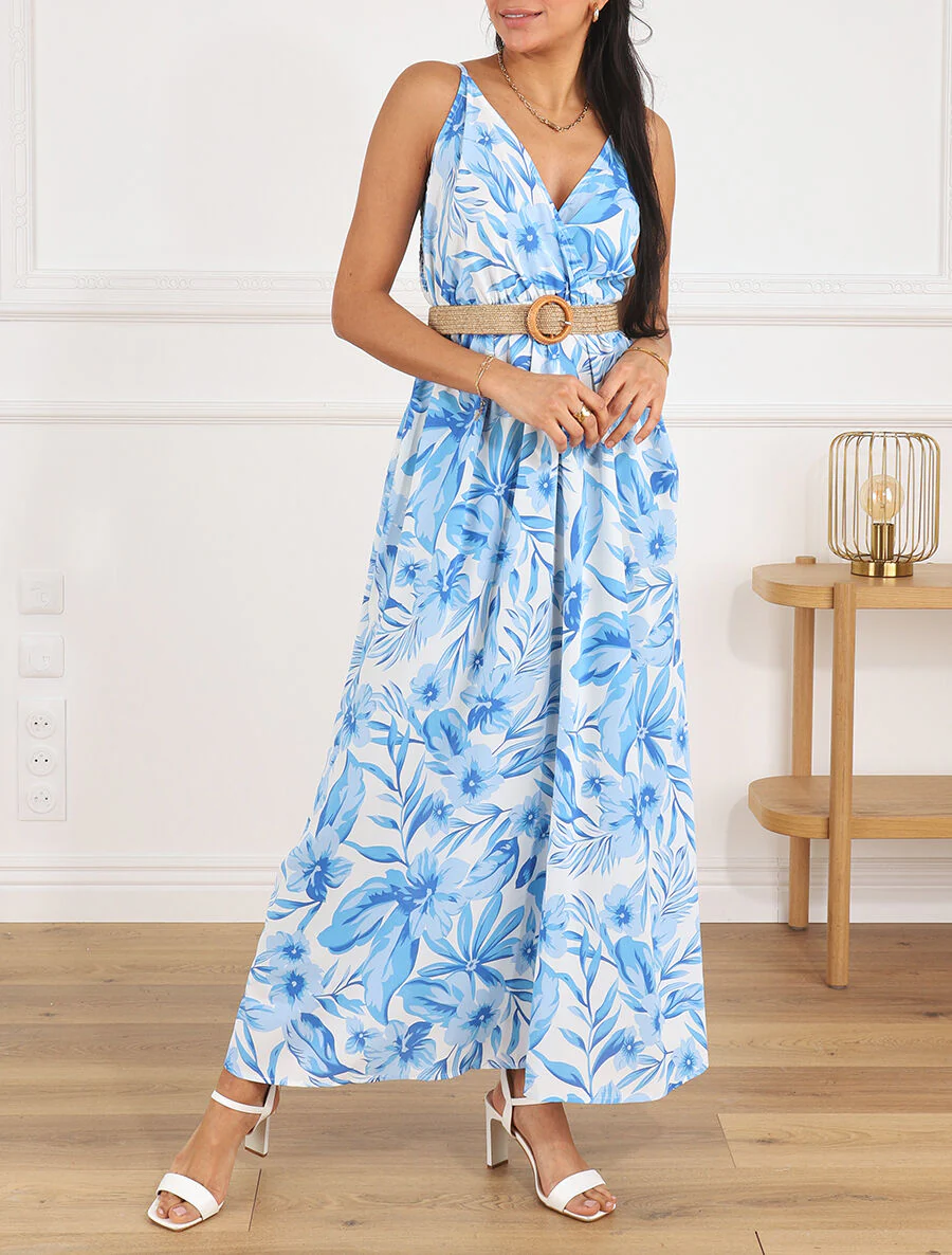 Robe longue imprimé grandes fleurs à bretelles - Bleu - Image 4