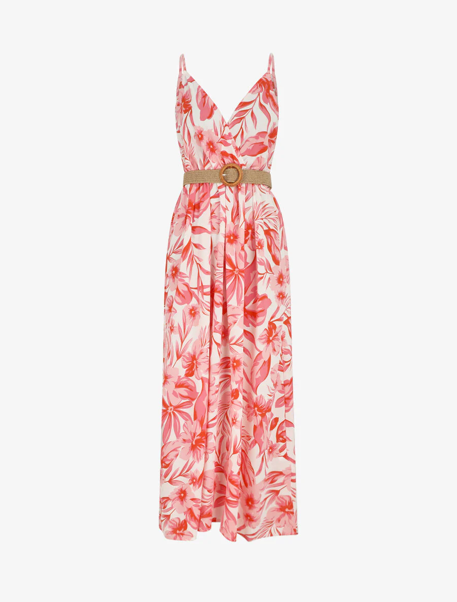 Robe longue imprimé grandes fleurs à bretelles - Rouge