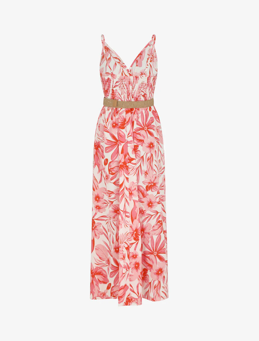 Robe longue imprimé grandes fleurs à bretelles - Rouge - Image 2