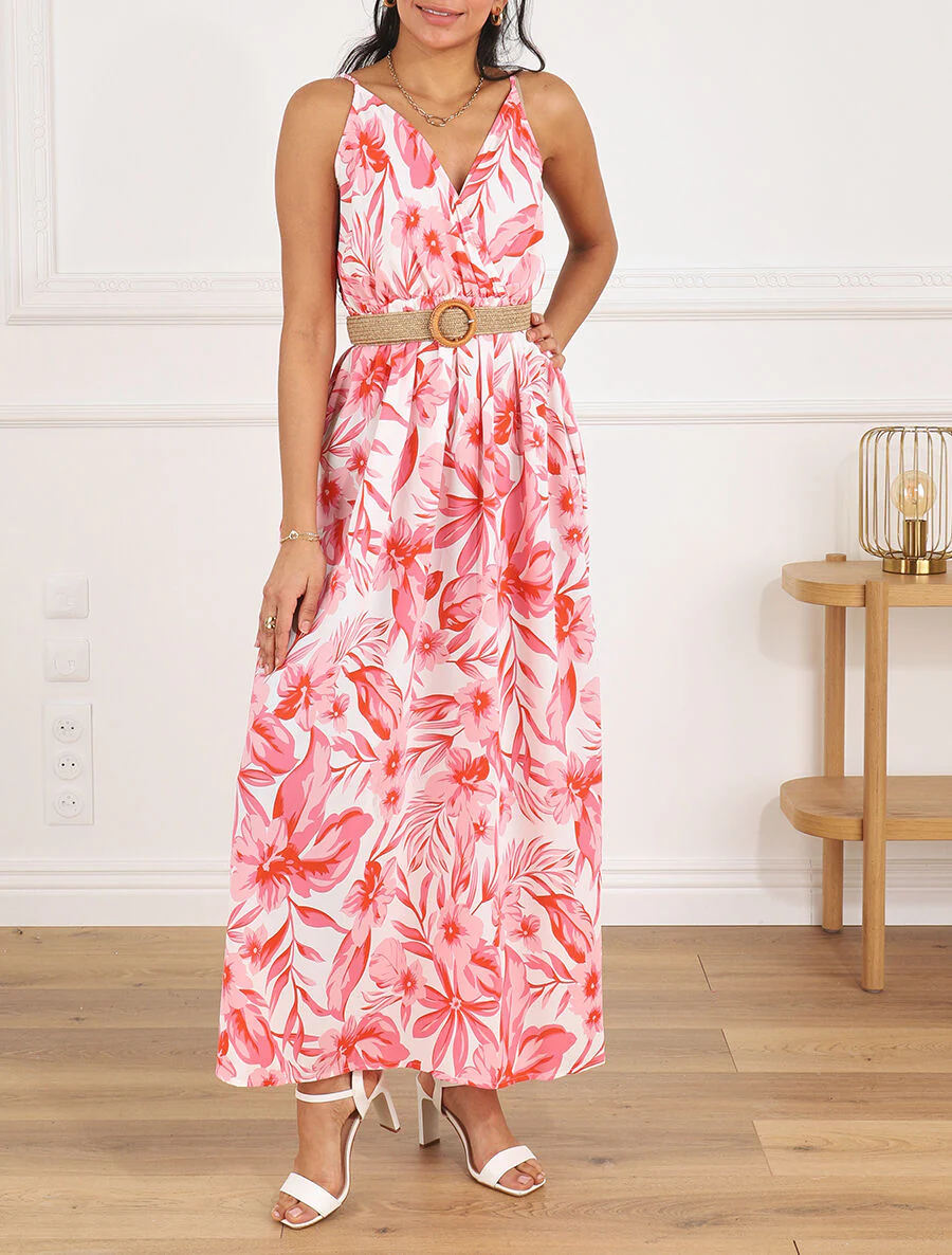 Robe longue imprimé grandes fleurs à bretelles - Rouge - Image 4