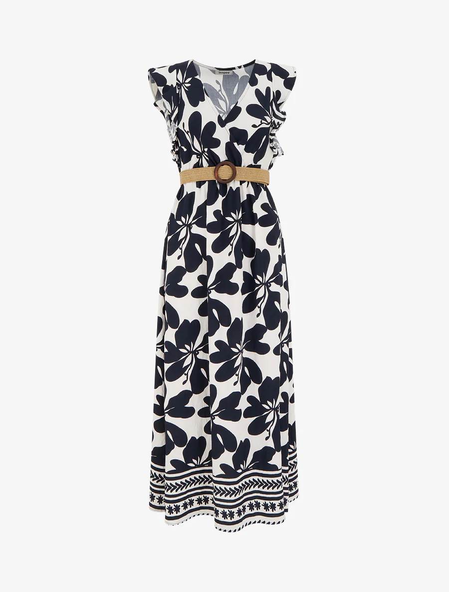 Robe longue imprimé grandes fleurs à col cache-coeur - Marine