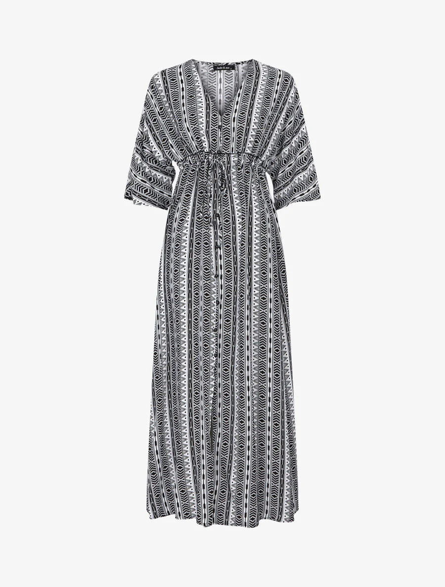 Robe longue imprimé graphique à manches 3/4 - Noir