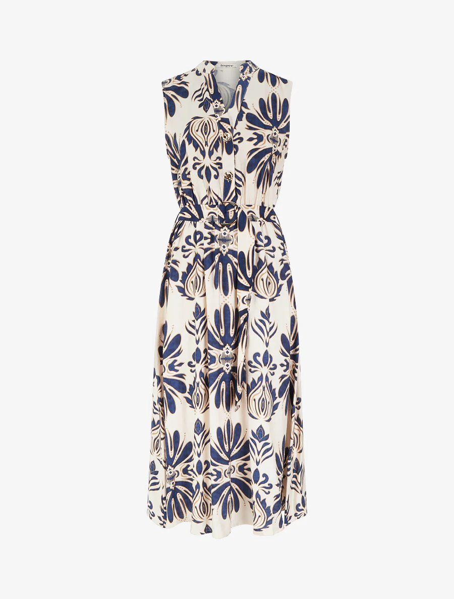 Robe longue imprimé ikat à boutons décoratifs - Marine