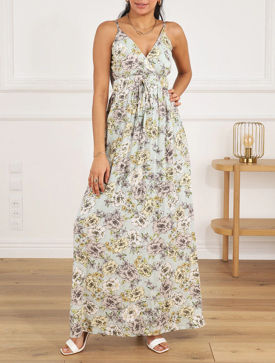Robe longue imprimé multi-fleurs - Vert d'eau - Image 4