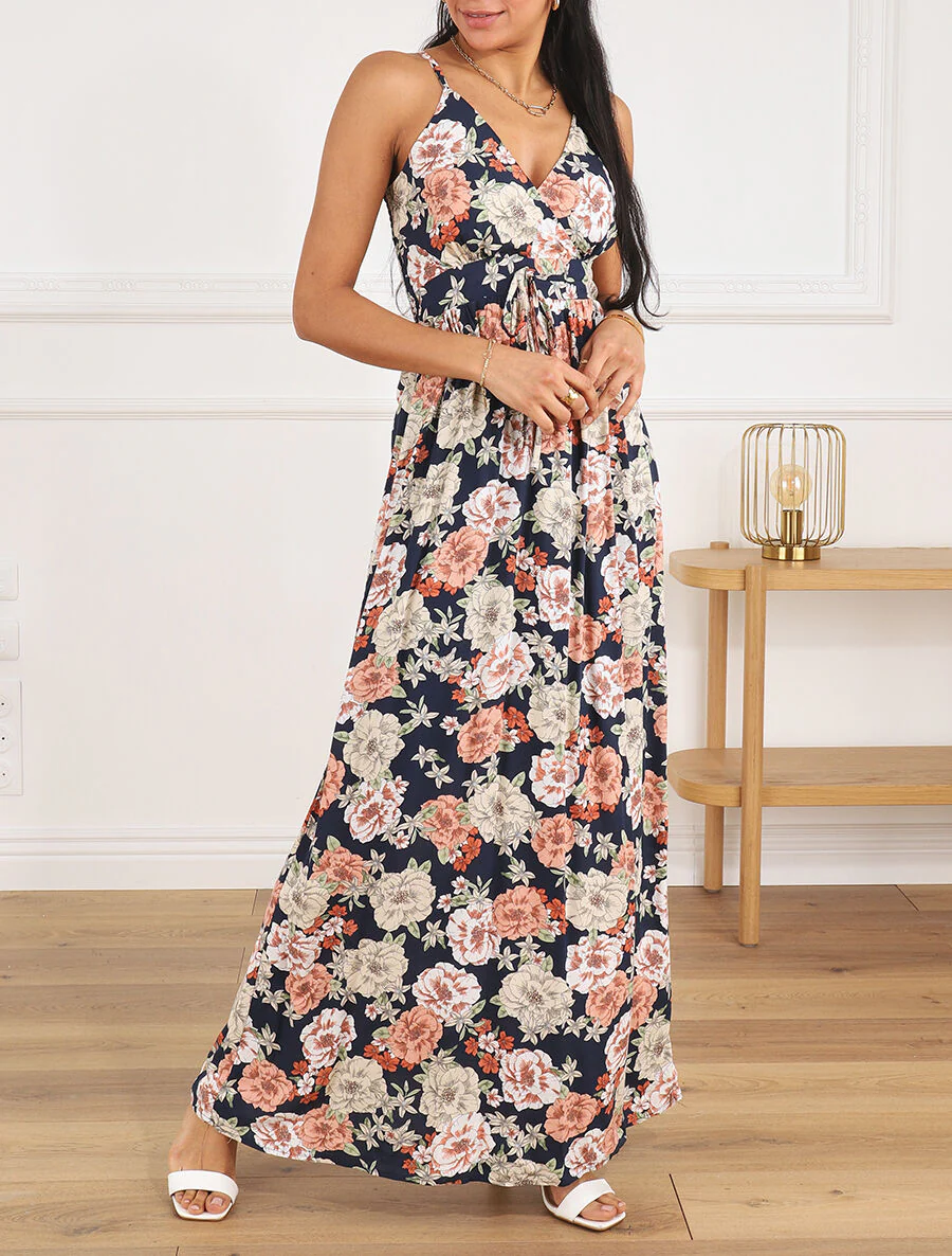 Robe longue imprimé multi-fleurs - Marine - Image 4