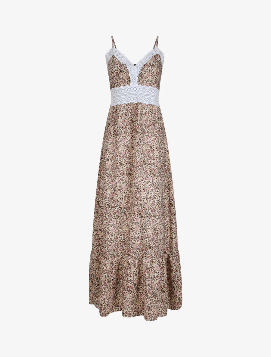 Robe longue imprimé petites fleurs à col V en dentelle - Beige