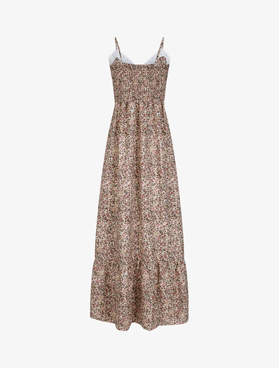Robe longue imprimé petites fleurs à col V en dentelle - Beige - Image 2