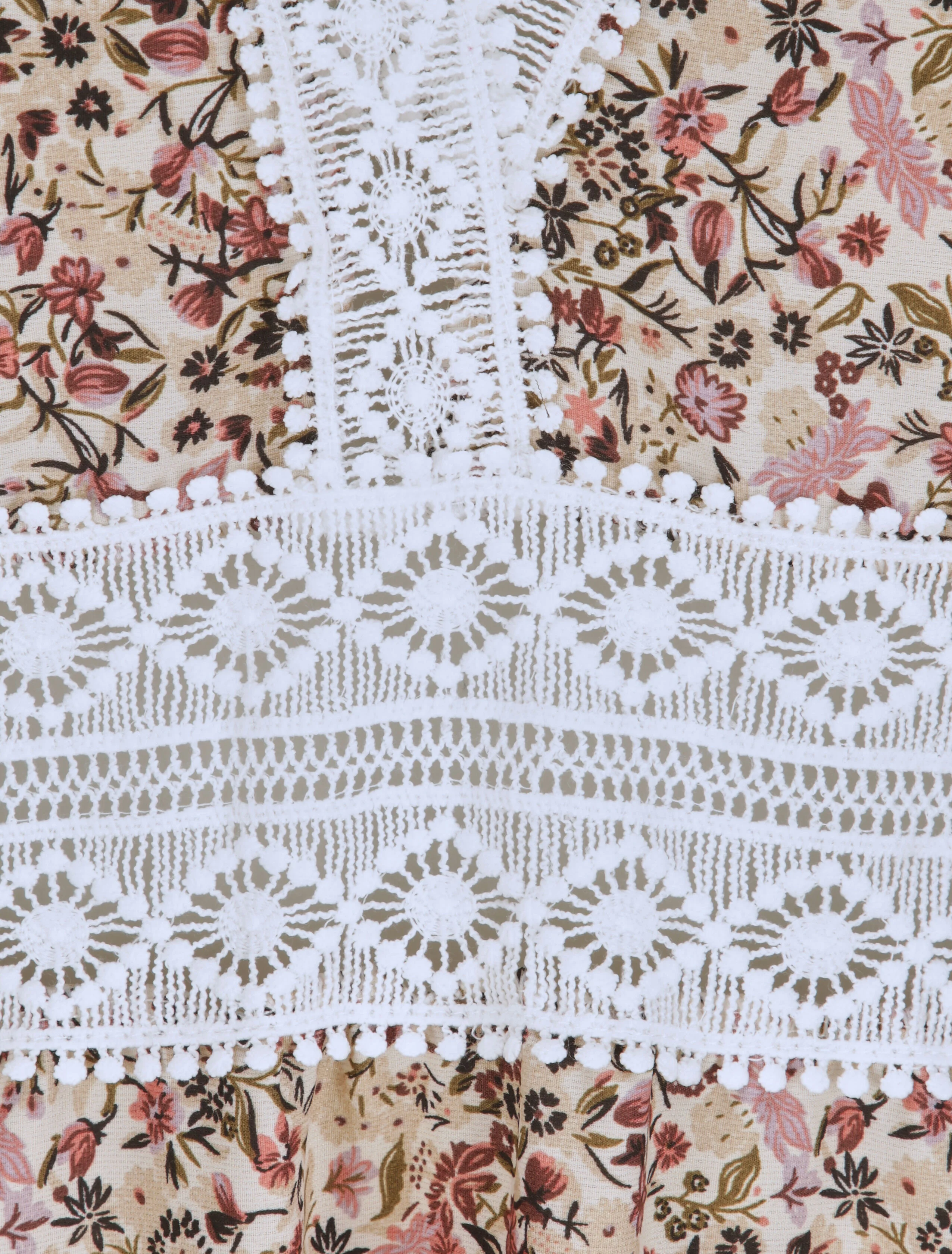 Robe longue imprimé petites fleurs à col V en dentelle - Beige - Image 3