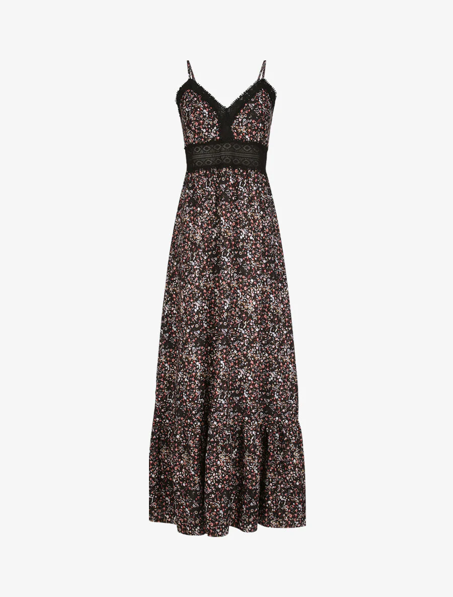 Robe longue imprimé petites fleurs à col V en dentelle - Noir