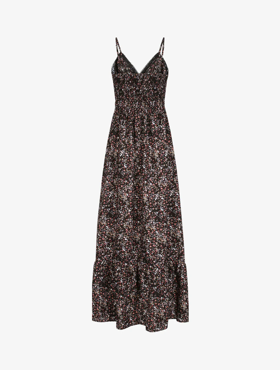 Robe longue imprimé petites fleurs à col V en dentelle - Noir - Image 2